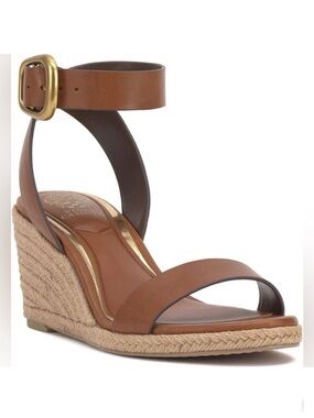 Vince Camuto Felia Brown Leather Ankle-Strap Espadrille Jute Wedge Sandal Sz 10